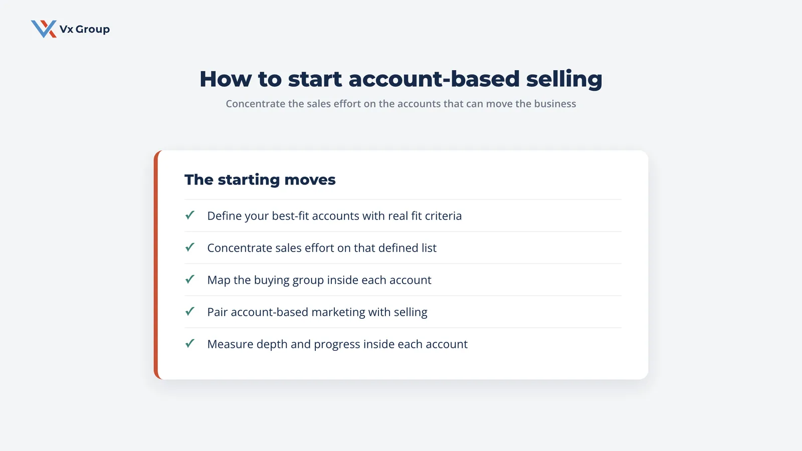 Checklist of the starting moves for account-based selling: define best-fit accounts, concentrate effort, map the buying group, pair marketing with selling, and measure account depth