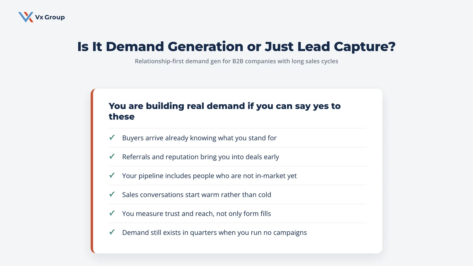 Checklist of six signs a B2B program is building real demand rather than just capturing leads