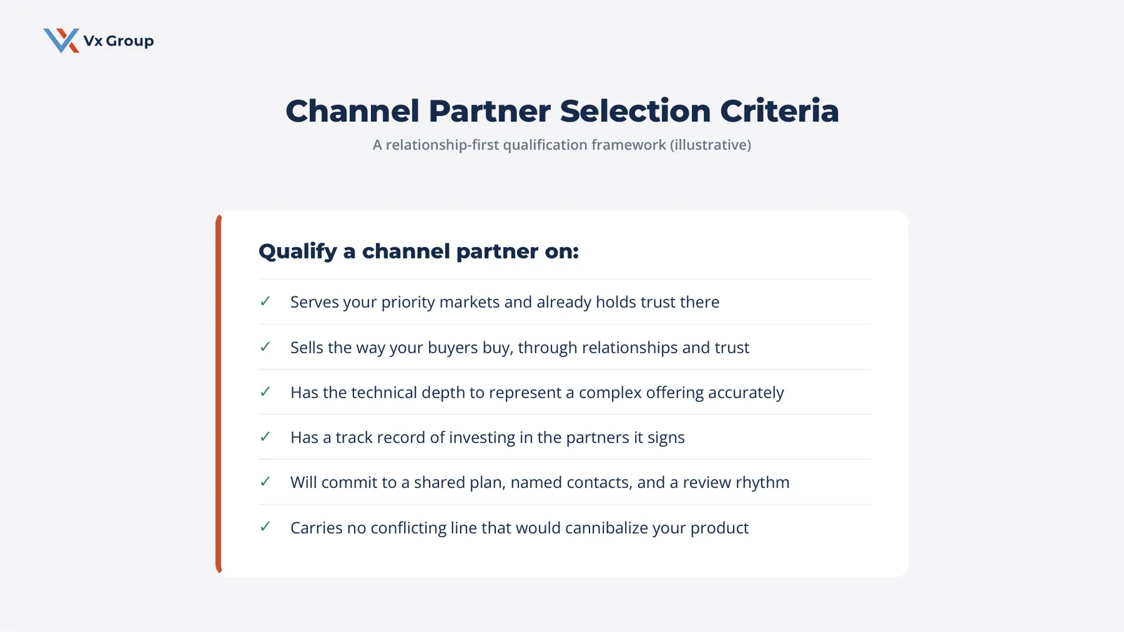Checklist of relationship-first criteria for selecting a channel partner in a B2B channel sales strategy