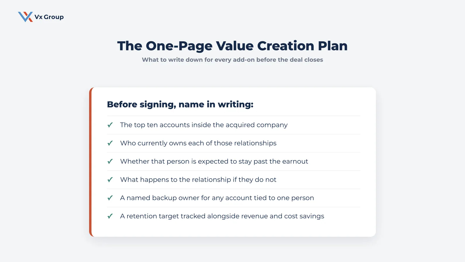 Checklist of what to write into the one-page value creation plan for a buy and build add-on before the deal closes