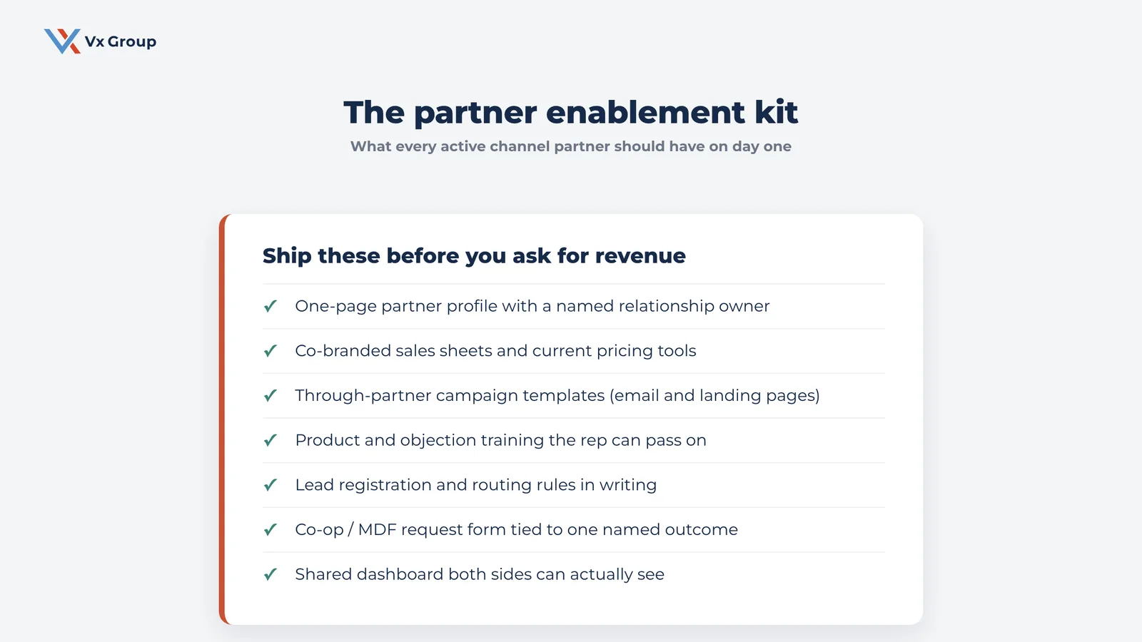 Checklist of the partner enablement kit every channel partner should receive on day one