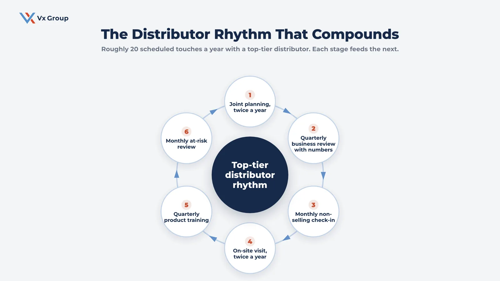 The annual distributor contact rhythm as a six-stage loop of planning, reviews, check-ins, visits and training
