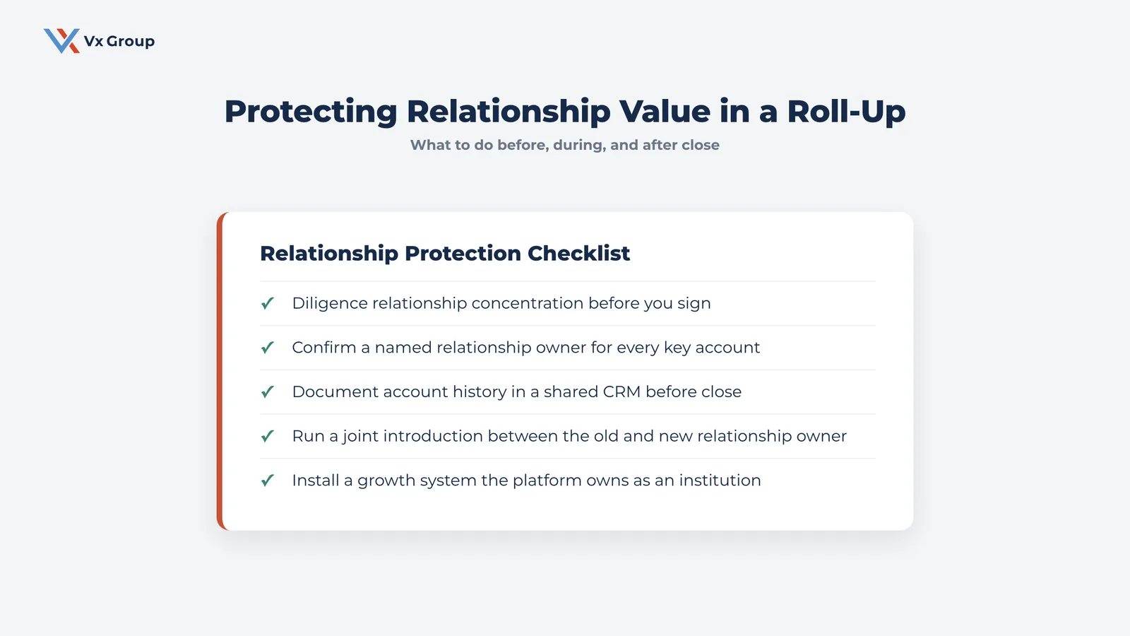 Checklist for protecting relationship value in a private equity roll-up: checking revenue risk, documentation, and a growth system the platform owns