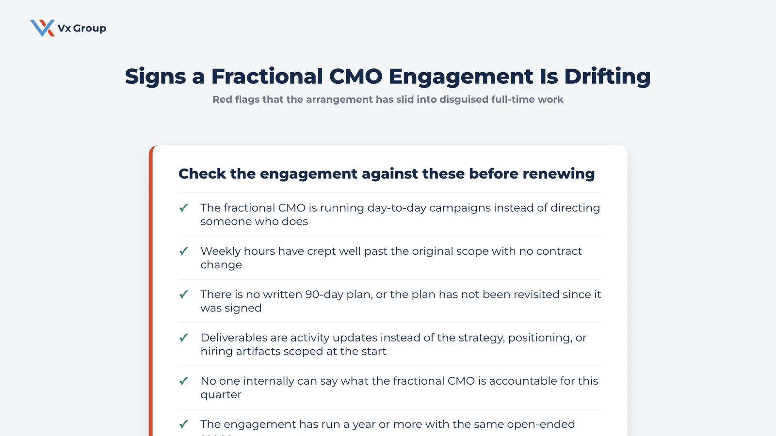 Checklist of red flags that a fractional CMO engagement has drifted into disguised full-time work without matching accountability