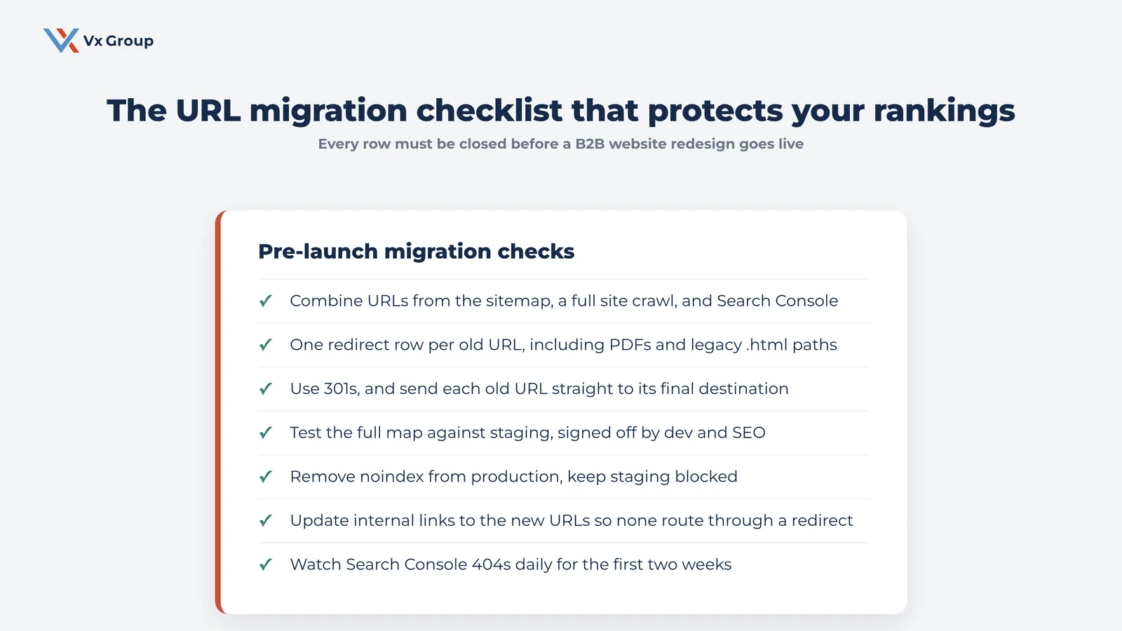 Checklist of pre-launch URL migration checks that protect rankings during a B2B website redesign