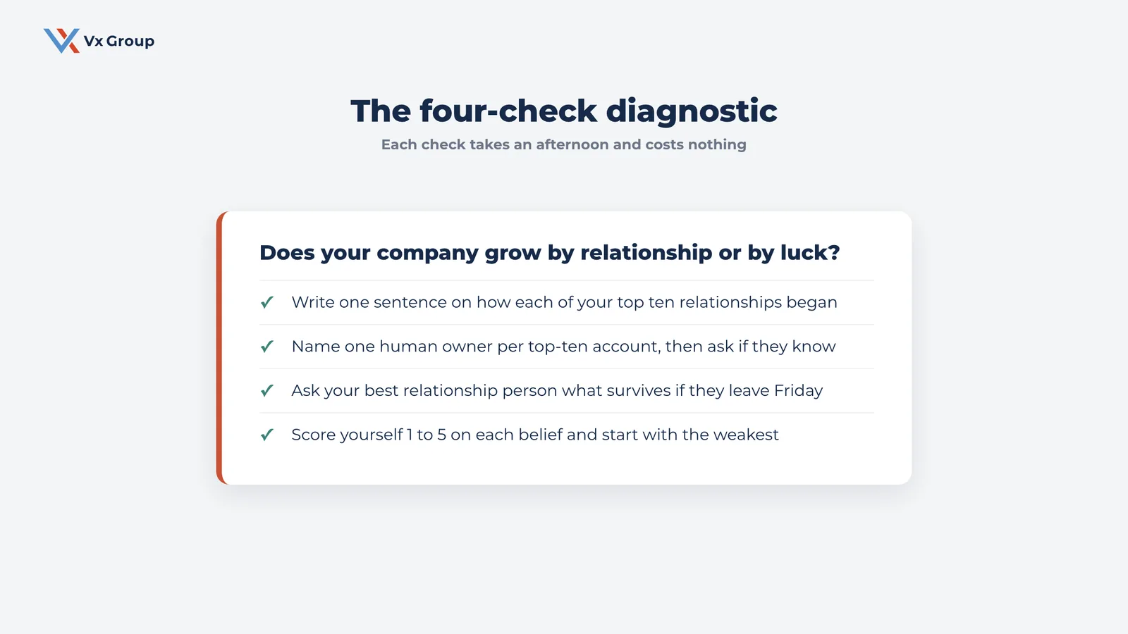 Checklist of four diagnostic questions that reveal whether a company grows by relationship or by luck