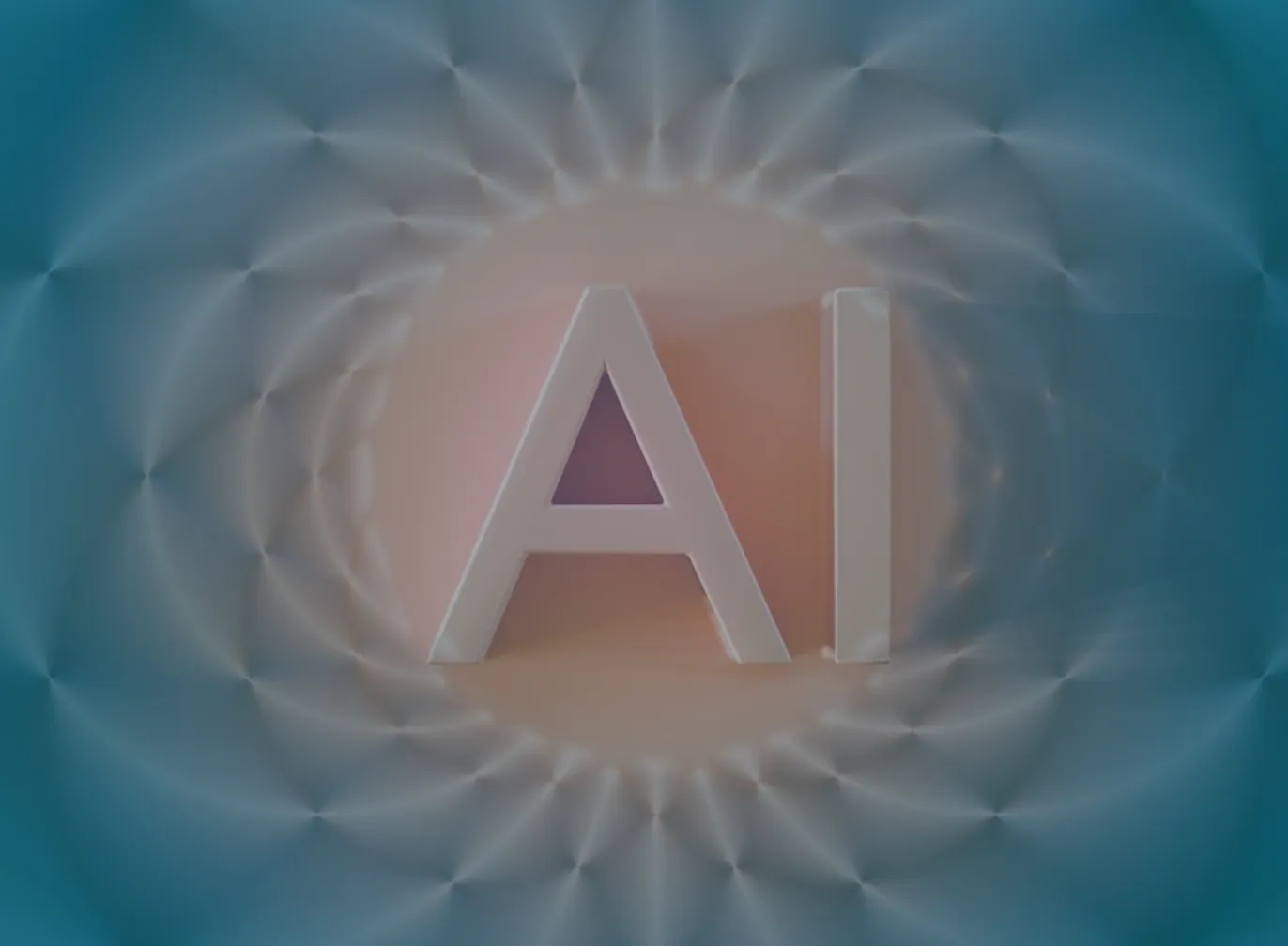 Large letters AI at the center of rippling blue and peach rings, representing how AI assistants now answer buyer questions